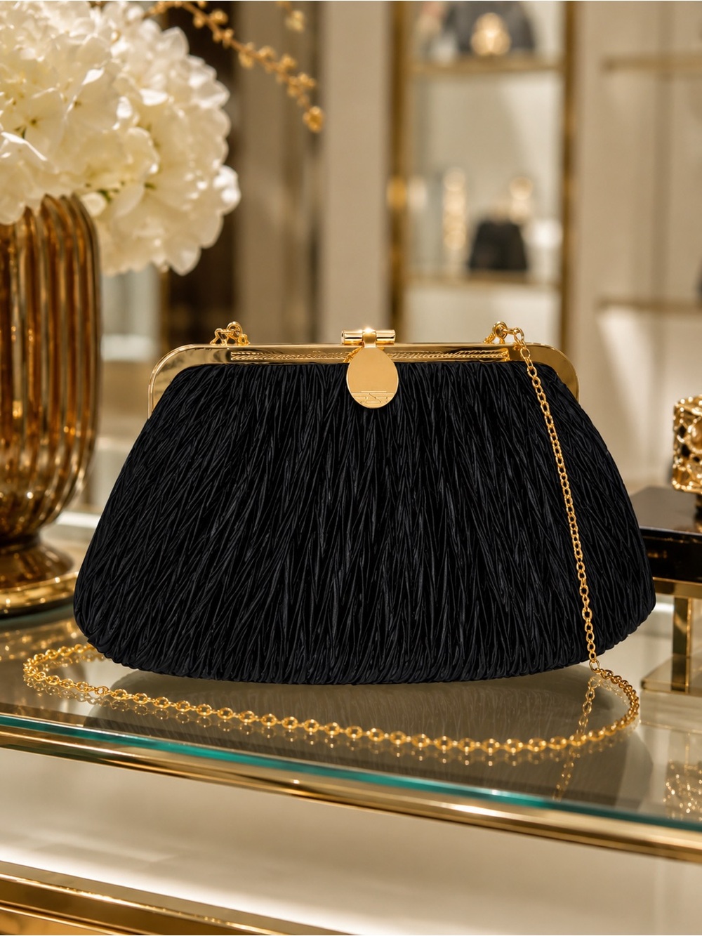 Goldco Vintage Black Pleated Satin Clutch – Gold Frame, Near Mint